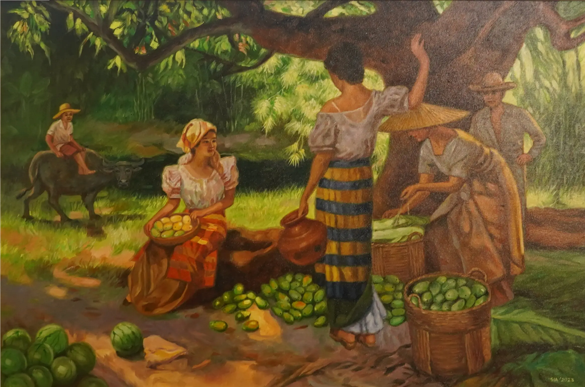 Oil painting of villagers gathering mangoes under a tree