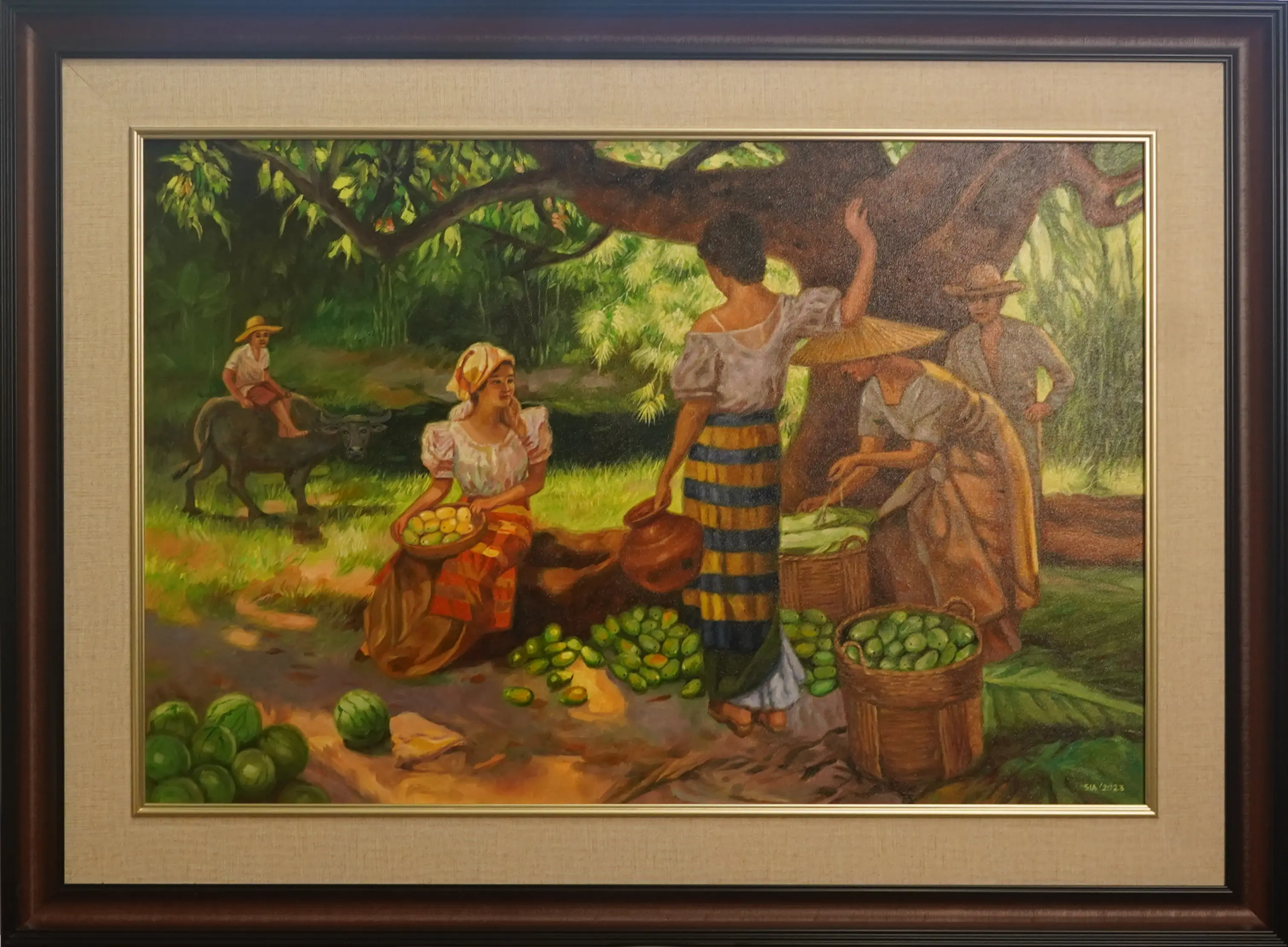 Oil painting of villagers gathering mangoes under a tree